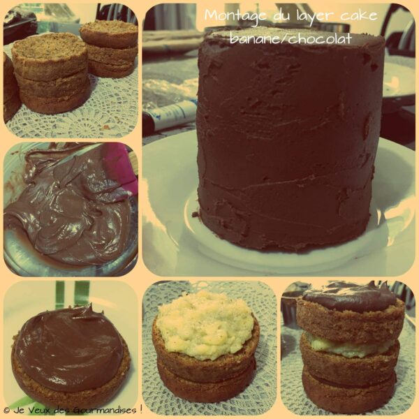 Étapes du montage du layer cake banane et chocolat