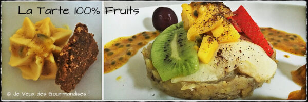 Montage de la tarte aux fruits sur fond de banane et crémeux mangue