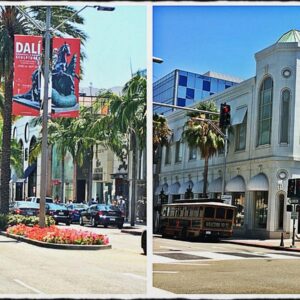 Rodeo Drive et rues de Beverly Hills bordées de palmiers, en deux vues