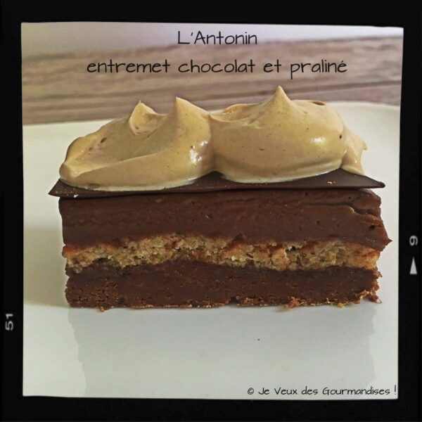 Part de l’Antonin coupée : croustillant praliné, dacquoise noisette, crémeux chocolat et ganache montée visibles