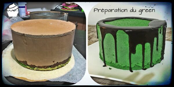 Montage du Green : entremets démoulé à la mousse au chocolat puis entremets glacé vert et cacao, en plusieurs étapes