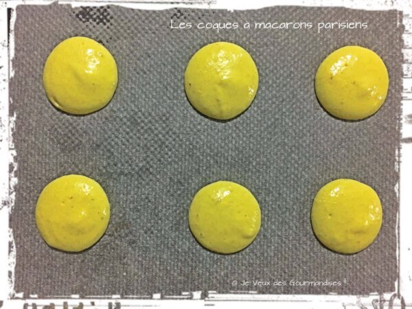 Coques à macarons jaunes pochées régulièrement sur une plaque