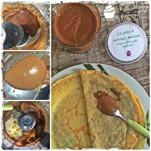 Étapes de préparation de la pâte à tartiner et crêpe servie avec le pot