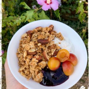Bol de granola amande et de fruits tenu à la main