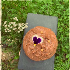 Gâteau banane et double chocolat vu de dessus sur une ardoise tenue à la main