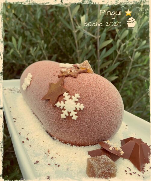 Bûche glacée Pingui brune décorée d’étoiles et de flocons