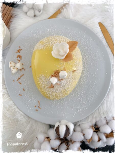 Entremets Passionné vu de dessus sur une assiette