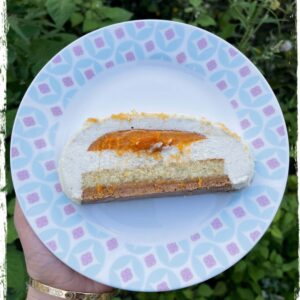 Part d’entremets 2 mois montrant l’insert abricot sur une assiette tenue à la main