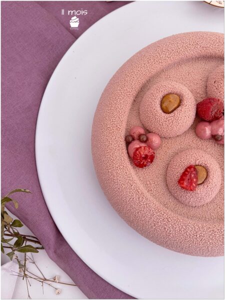 Gros plan du décor rose de l’entremets 11 mois
