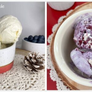 Crème glacée nature et crème glacée aux myrtilles servies en bols